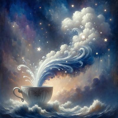 The primary subject of the image is a cup of coffee, which is depicted in a painting or digital art form. The cup is placed on a cloudy surface, which adds to the overall atmosphere of the scene. The visual style of the image suggests that it is a painting or digital artwork, rather than a photo. The colors in the image are predominantly blue and white, which contribute to the mood of the scene.